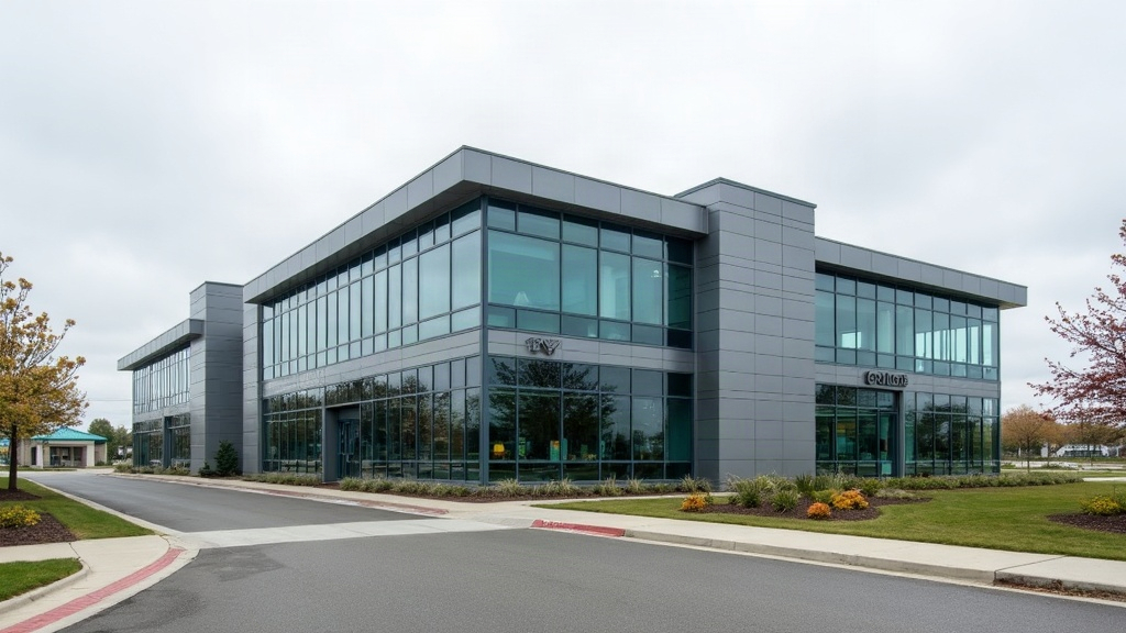Exterior of a small modern biotechnology building in a suburban research park under overcast daylight.
