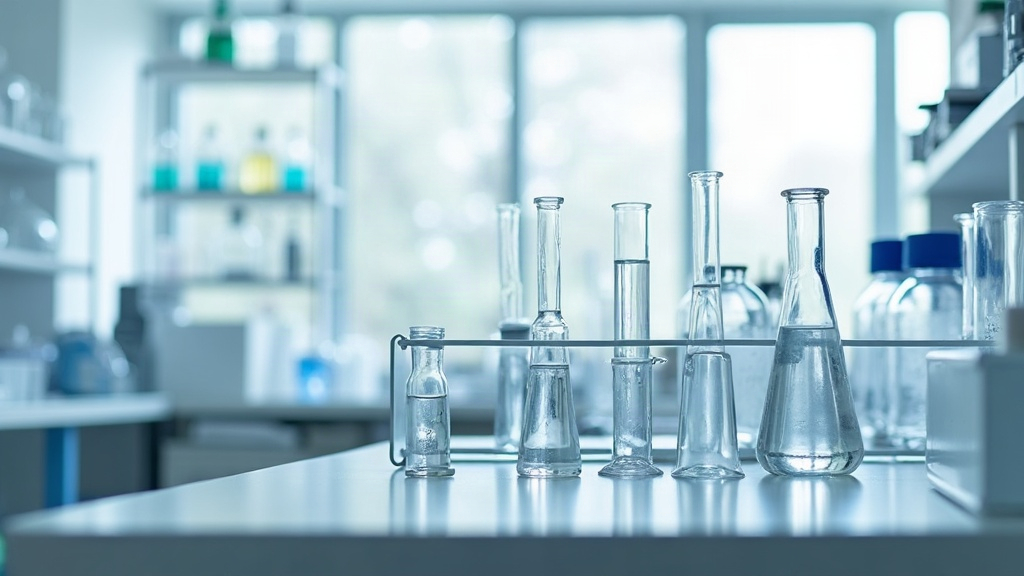 A laboratory bench with borosilicate glassware, a rack of pipettes and stainless steel work surfaces under bright even lighting.